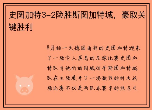 史图加特3-2险胜斯图加特城，豪取关键胜利